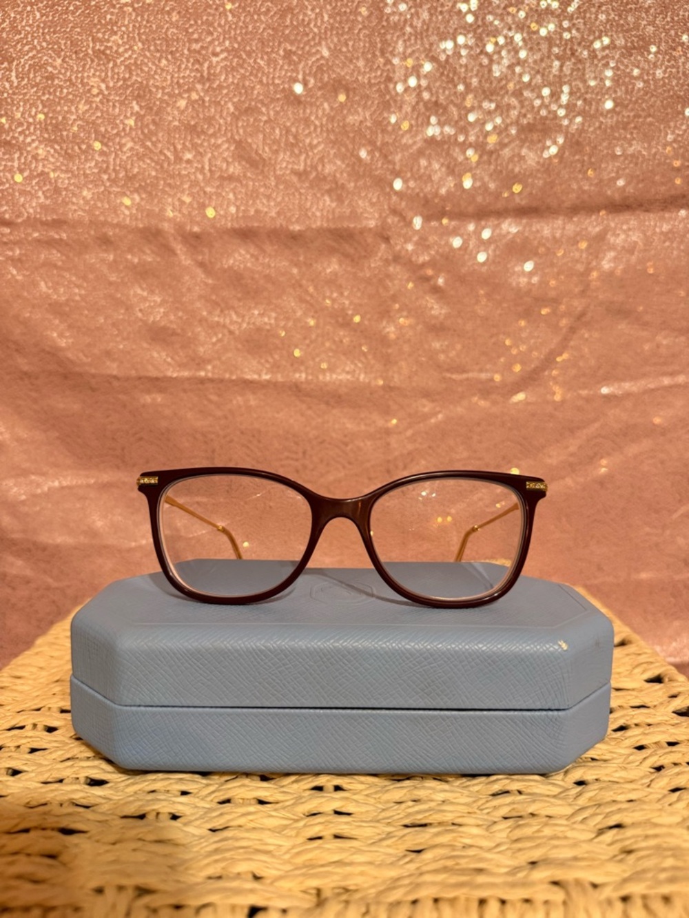Swarovski Maroon Women's Rectangle Glasses with Gold Temples